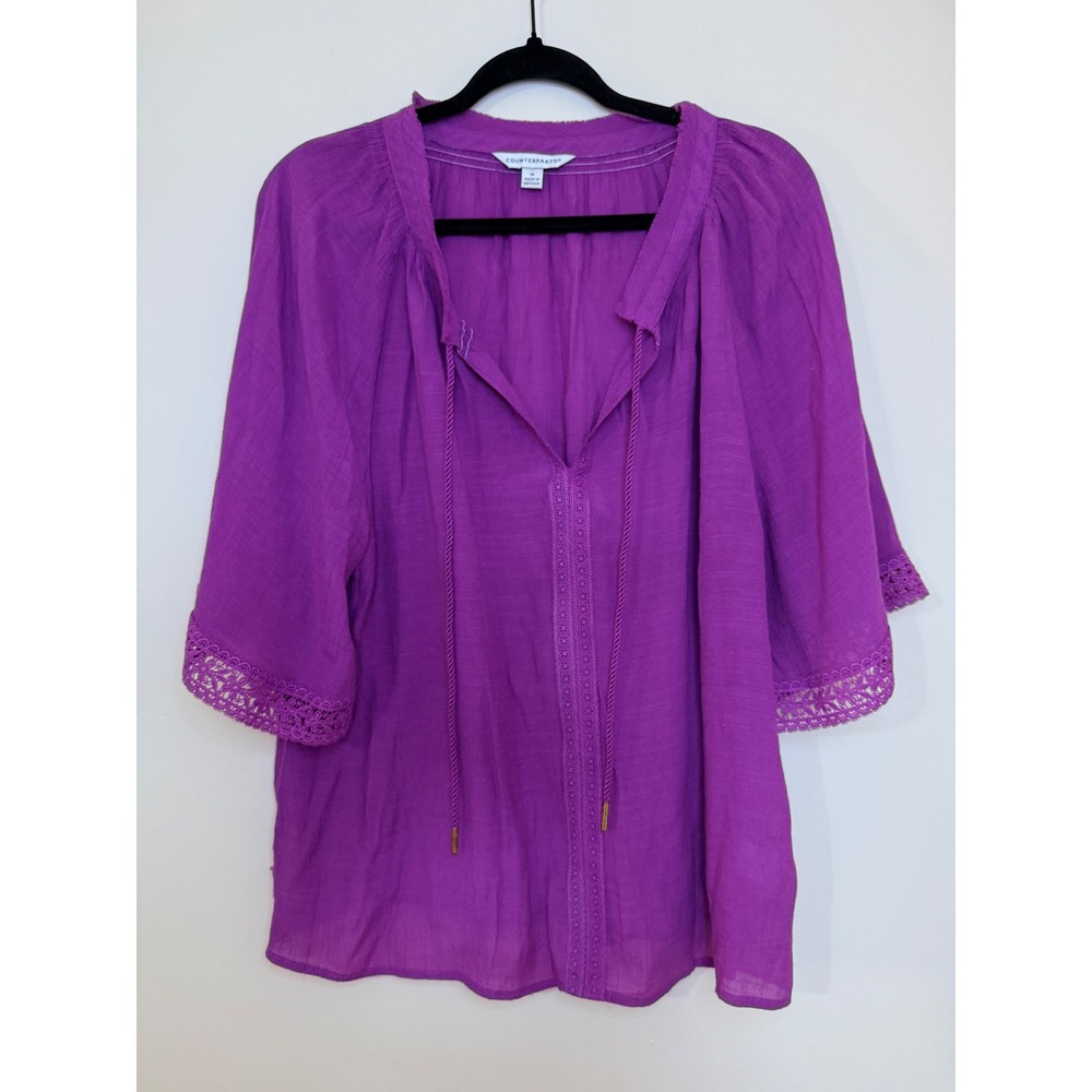 Counterparts Womens Purple Crochet Trim Tassel Tie Peasant Blouse Top Size M